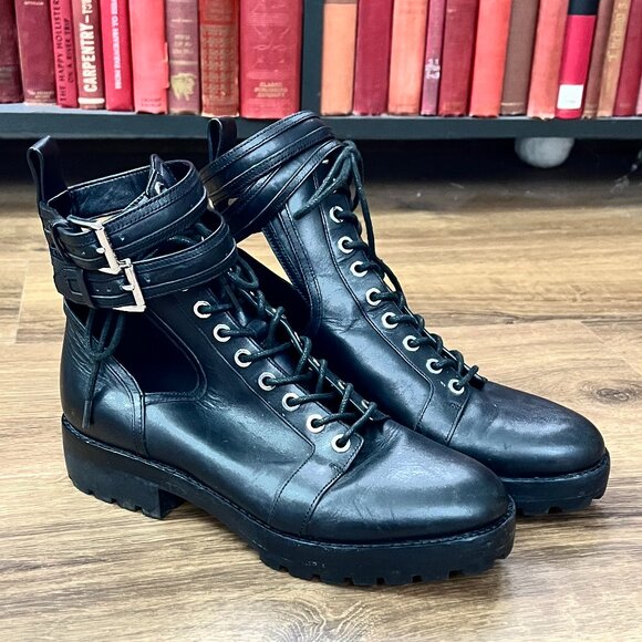 Michael Kors Bensen Cut-Out Buckle Leather Combat Goth Boots Sz 8 - Picture 2 of 12